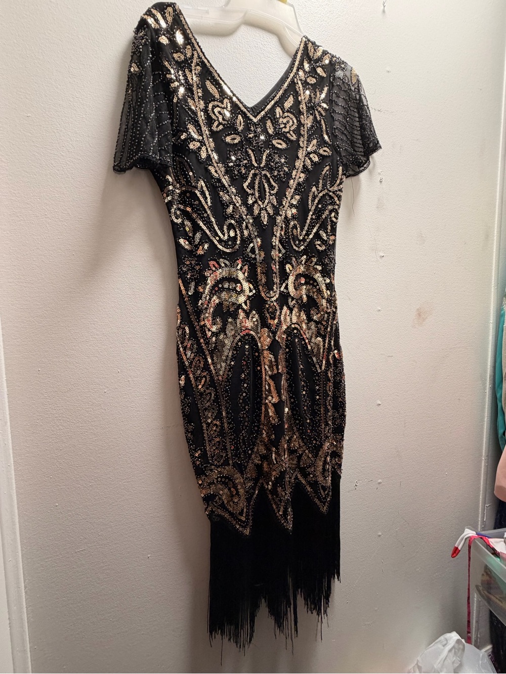 Daisy Black and Gold Beaded Fringe Midi Dress